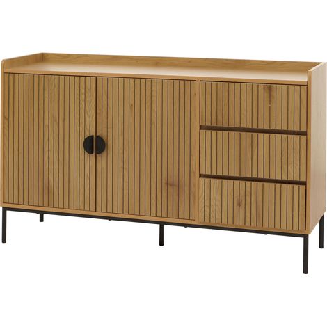 Sideboard HHG-664, Commode Armoire Buffet, 3 tiroirs 2 portes, bois mélaminé 80x130x42cm, naturel