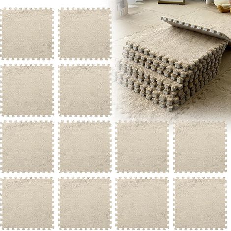 Lot de 12 dalles de sol emboîtables en peluche - 30 x 30 cm - Tapis puzzle moelleux en mousse - Pour salon et chambre à coucher - Marron clair (1/5)