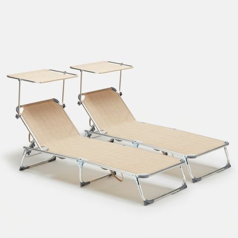 2 transats de piscines mer pliants avec pare-soleil California - Beige