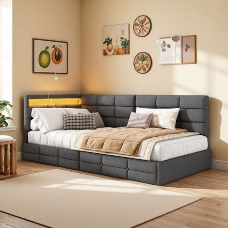 Divano-letto LED USB 90x200-Grigio Lino Moderno-Mobile di Rarimento per Spazi Piccoli  Divano-letto trasformabile con illuminazione e caricatore