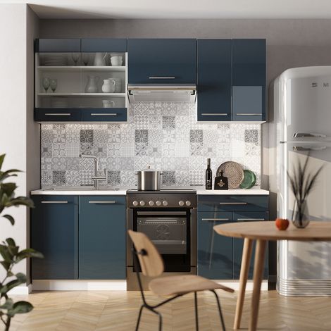 Mueble de cocina Fame-Line, Azul oscuro alto brillo, 200 cm sin encimera, Vicco