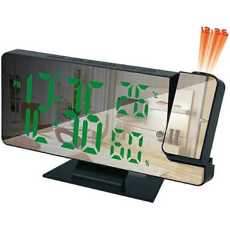 Ce réveil à projection LCD est conçu pour les gros dormeurs. Il est doté de la vibration, de trois modes de réveil, de deux alarmes, d'un volume réglable, d'une projection murale, d'une couleur verte (1/5)