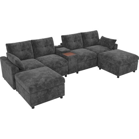 Sofá esquinero modular 6 plazas en U/L de chenilla gris con 2 pufs arcón y consola USB (1/5)