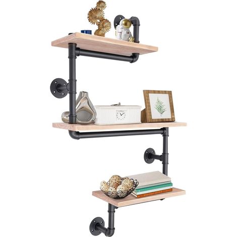 HAUTOUR Étagère murale 3 niveaux en pin et tuyau galvanisé, style moderne noir/marron, support de rangement rectangulaire pour salon chambre bureau cuisine, charge 30-50kg par étage (1/5)