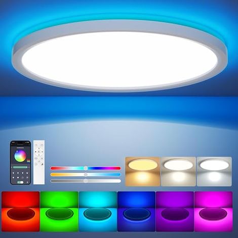 Dimmable LED Ceiling Light with Remote Control, 24W RGB Colour Change, Flat Round Ceiling Light, 3000K-6500K, Smart Control via App, for Bedroom, Kitchen, Living Room (1/5)