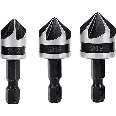 3PCS Fraises à Chanfreiner 90 Degrés 5 Flûte Conique à Noyer 12mm/16mm/19mm 1/4" Hex Foret Fraisage en Acier au Carbone pour Coupe de Chanfreinage de Bois (1/5)