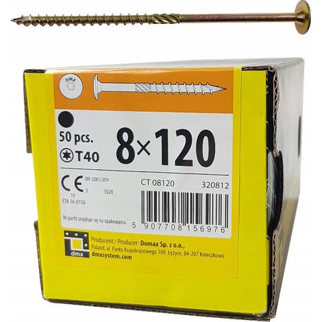 Vis à bois plate 8x120 Torx - Résistantes - Idéales pour constructions en bois - Faciles à utiliser