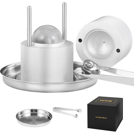 VEVOR Prensa de Bolas de Hielo 2,4" Kit de Prensa de Bolas de Hielo de Aleación de Avión para Esfera de Hielo de 60mm Prensa de Hielo con Pinza y Bandeja de Goteo para Whisky, Cocktail, Bourbon, Plata