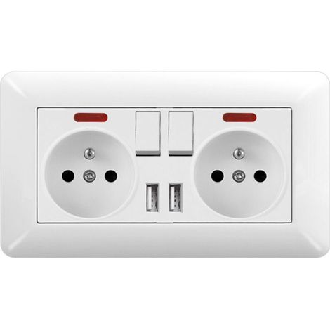 1 pièce Prise Électrique Murale Double 16A – Double Interrupteur avec LED et 2 Ports USB, Prise Encastrable 240V pour Maison et Bureau