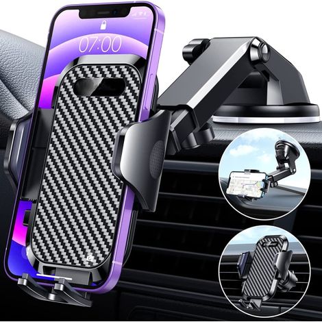Support de téléphone pour voiture, [ventouse ultra-puissante] Support de téléphone pour tableau de bord, universel, mains libres, crochet pour pare-brise, grille d'aération, support pour voiture ou ca (1/4)