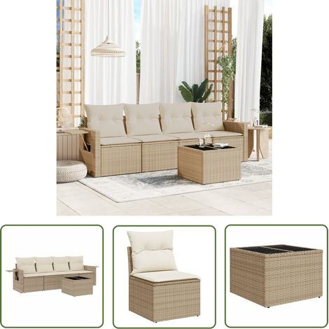 The Living Store Salon de jardin avec coussins 5 pcs beige résine tressée - Ensemble Salon De Jardin - Meuble De Jardin - Jardin Design - Mobilier Exterieur - Chaise Lounge (1/5)