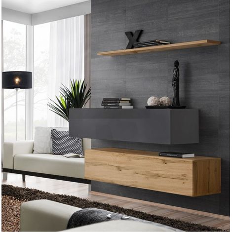 Commode - Switch SB II - 2 bancs TV - 1 étagère - Bois et graphite - Modèle 2 - Livraison gratuite