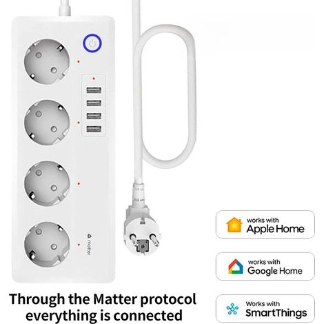 Multiprise Intelligente Matter avec Prise EU, Compatible SmartThings, Apple HomeKit, Siri, Google Home, Contrôle Vocal à Distance, 220V 16A