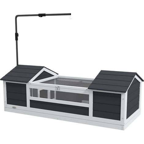 Maison Tortue 2 niv. enclos Bois Couvercle ouvrant Gris Support de lampe réglable, table de tortue, maison principale amovible, étagère de rangement, plateau fixe (1/5)