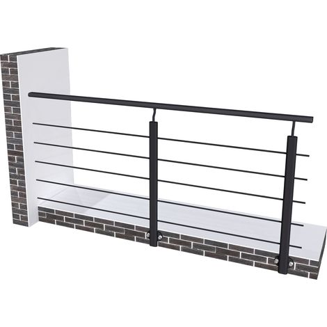 Garde-corps aluminium noir mat 2m, avec 5 traverses et 1 main courante, pose latérale contre le mur, en kit complet