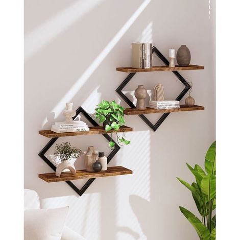 Étagère flottantes, Lot de 2, Étagères murales à 2 Niveaux, Rangements Suspendus avec Cadre métallique losangé, Marron et Noir (1/4)