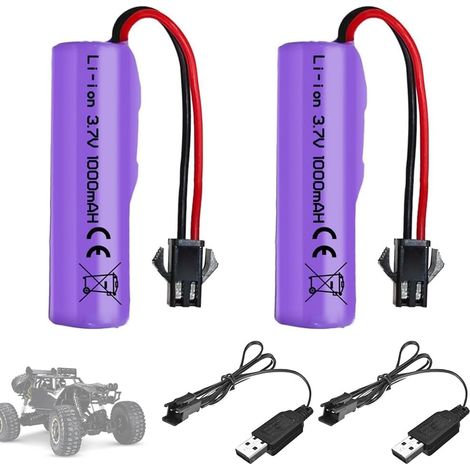 Pack de 2 baterías de litio recargables de 1000 mAh 3,7 V con cable de carga USB SM-2P - Batería Li-ion universal compatible con vehículos radiocontrolados, barcos, tanques, coches, (1/5)