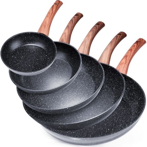 Set de 5 poêles - Poêle à frire 16/20/24/28/32 cm - Poêle à induction avec revêtement anti-adhésif - BLACK and WOOD (1/5)
