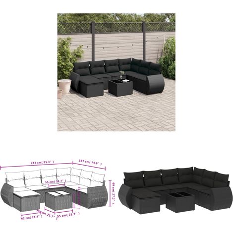 Salon de jardin 8 pcs avec coussins noir résine tressée - Ensemble Salon De Jardin - Mobilier De Jardin - Salon D'extérieur - Résine Tressée - Rotin Synthétique - Home & Living (1/3)
