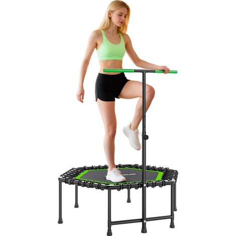 SPORTNOW trampolín de fitness 114x114x132 cm cama elástica fitness con mango ajustable de 3 niveles y marco de acero verde y negro