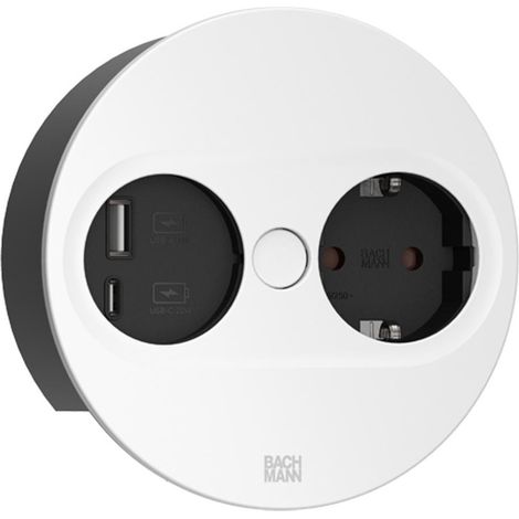 Bachmann TWIST 2 Metallische Abdeckscheibe rund, Silber matt lackiert, 1xUTE Frankreich Steckdose schwarz mit erhöhtem Berührungsschutz, 1xUSB A/C 22W Charger, Zuleitung 0,2m H05VV-F3G1,5mm² schwarz m