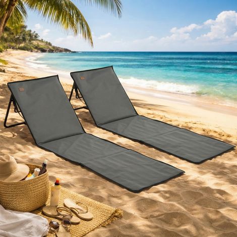 Ensemble de 2 Gris chaises plage pliantes et réglables avec poche acier polyester 142x51x40 cm