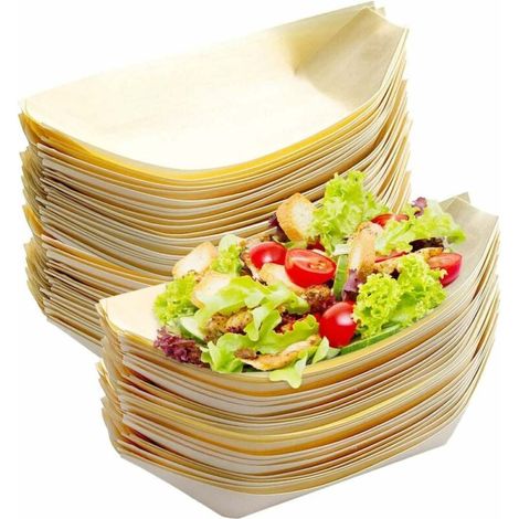 Bol jetable, lot de 100 bols en bois biodégradables, assiettes en bois en forme de bateau 17 x 8 cm, idéales pour les amuse-gueules, les saucisses, les frites, les sushis, les beignets et les plats ch (1/5)