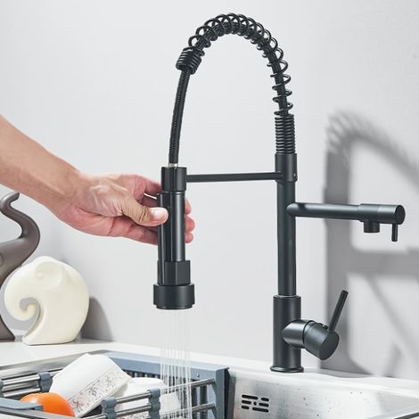 Küchenarmatur Einloch-Bar-Mischer mit doppelter Wasserflussoption, Wasserhahn Küche Schwarz 360° Schwenkdesign und Keramik-Kolben für Warm- und Kaltwasser