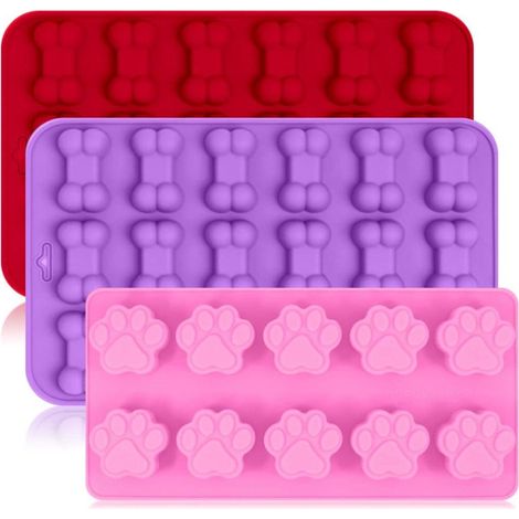 Lot de 3 Moules en Silicone Rose, Violet, Rouge - Formes Patte de Chien et Os - Qualité Alimentaire, Réutilisables - Pour Gâteaux, Chocolats et Friandises (1/5)