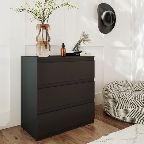 Commode en bois moderne, meuble de rangement polyvalent pour chambre, salon et couloir, Noir, 3 tiroirs, 70×40×75 cm