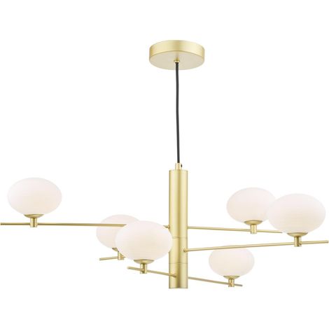 Dar Jasper Suspension Jasper à 6 lumières, finition or satiné et verre opale (1/5)