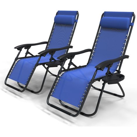VOUNOT® 2er-Set Liegestuhl Klappbar, Relaxstuhl Garten mit Getränkehalter und Kopfpolster, Blau