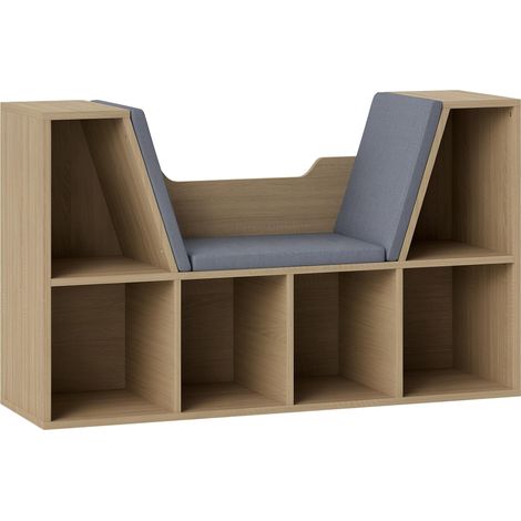 Bibliothèque Banc 2 en 1 Design Contemporain 6 casiers 3 Coussins fournis 102L x 30l x 61H cm Chêne Gris