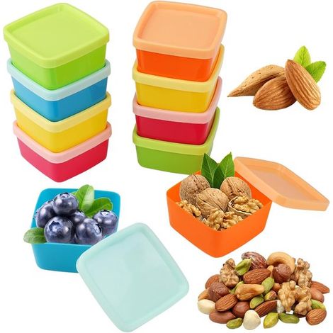 Lot de 10 mini boîtes alimentaires – 7 x 7 x 3 cm – Hermétiques et réutilisables – Idéales pour les en-cas, les fruits secs, les fruits et les petits objets – En plastique – Multicolores (1/5)