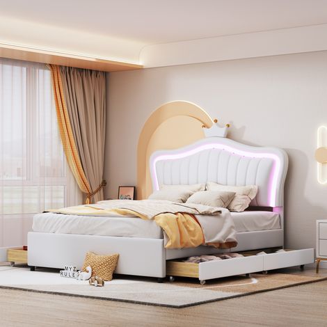 Lit enfant 140 x 200,lit capitonné avec tiroirs de rangement, couronne blanche,lit simple pour fille en cuir PU lumières LED, sommier à lattes et dossier,Blanc --SUNFECILI (1/5)