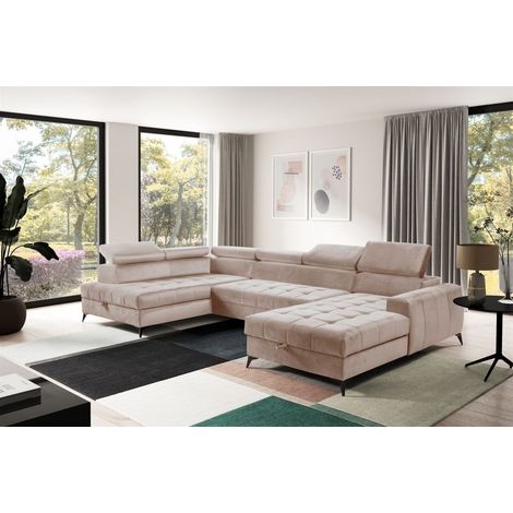 Wohnlandschaft Schlafsofa AGNESA Stoff Salvador Hellbeige Ottomane Rechts (1/5)