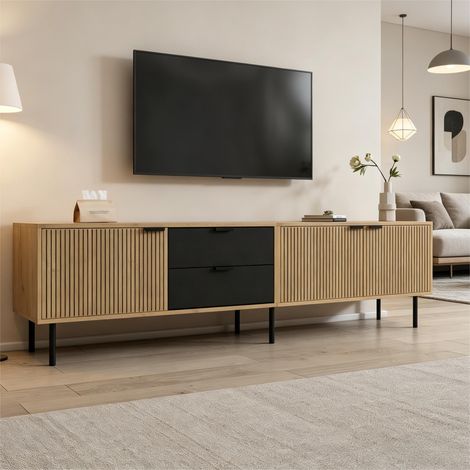 208 × 40 × 48 cm mobile TV in truciolato, moderno lowboard con armadietti e gestione dei cavi per soggiorno, armadio con 3 cassetti, adatto per TV da 85 pollici (1/5)