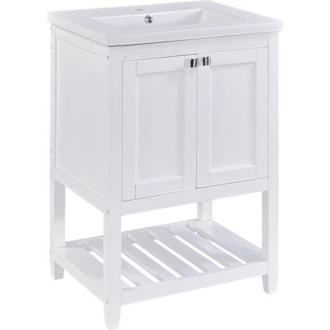 CAIziMeuble de salle de bain simple avec meuble sous-vasque 60 cm et lavabo en céramique, blanc (1/5)