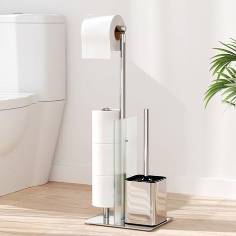 Porte Papier Toilette avec Brosse WC - Support Papier Toilette Debout en Acier Inoxydable avec Brosse de Toilette, Amovible, Porte Papier Toilette avec Verre, Pied Aucun Perçage Requis (Argenté) (1/5)