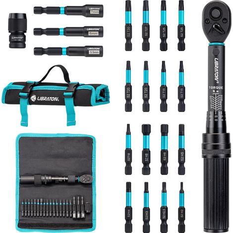 Jeu de clés dynamométriques vélo 21 pièces 1/4" – 2-14 N·m, clé à douille avec embout d’impact, kit de réparation pour vélo et moto