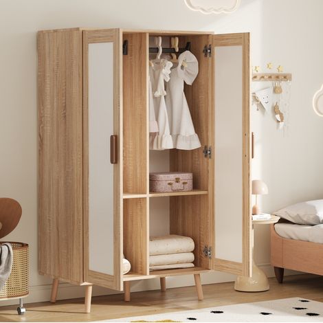Armario ropero de MDF blanco y efecto madera natural, 2 puertas con barra para colgar, 80 x 46 x 141,5 cm (1/5)