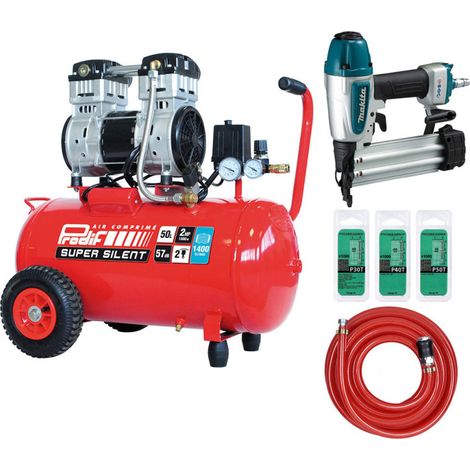 PRODIF Pack Compresseur Super Silent SIL850 50L 2CV + Cloueur AF506 Makita + Tuyau 10 m + 3000 Pointes Fischer Darex (1/5)