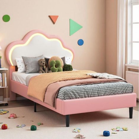 Kinderbett - 90x200 - Kopfteil Wolke LED - Lattenrost - Rosa