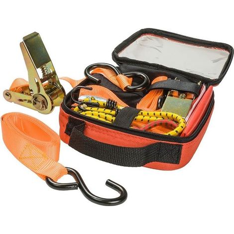 Jeu de sangles de tension kwb de 9 pièces pour sécuriser les charges. Comprend des sangles d'arrimage, des sangles d'arrimage à cliquet, un tendeur de bagages et un drapeau d'avertissement. Testé TÜV, (1/5)