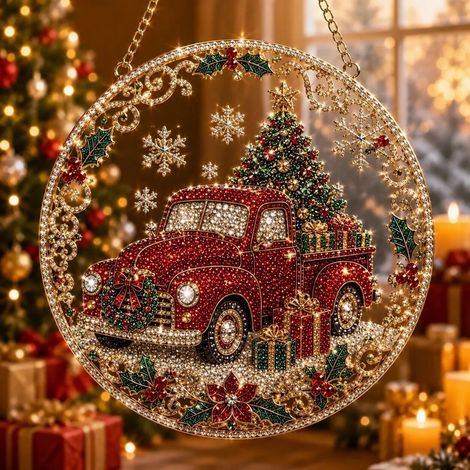 Nouvelle peinture diamant acrylique attrape-soleil de Noël - Camion de Noël - 20 cm