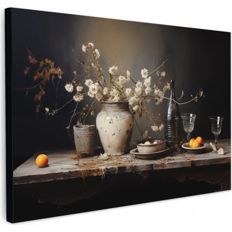 CUADRO EN LIENZO Naturaleza muerta - Flores - Ramo - Jarrón - Vino Cuadros Decoracion Salon Modernos 120x80 cm