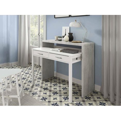 Scrivania Andriy, Scrivania con piano estensibile, Scrittoio porta PC con 2 cassetti, 99x36h88 cm, Cemento e Bianco