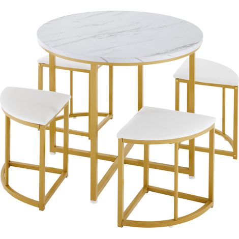 Table à manger ronde 4 places avec 4 chaises en velours, plateau MDF blanc et structure métal doré, gain de place pour petit espace CHICFURN (1/5)