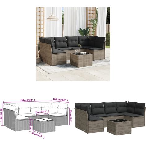 7-tlg. Garten-Sofagarnitur mit Kissen Grau Poly Rattan - Gartenmöbel Set - PE-Rattan Möbel - Outdoor Sofa - Esstisch - Lounge Set - Home & Living