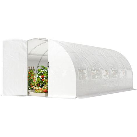 Serre tunnel avec porte à charnières pliable blanc pour salon charnières, fenêtres grillagées structure acier galvanisé (1/5)